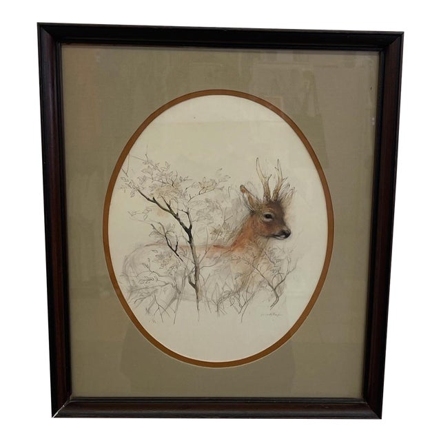 Vintage Original Wood Framed and Signed Deer and Tree Artwork. For Sale