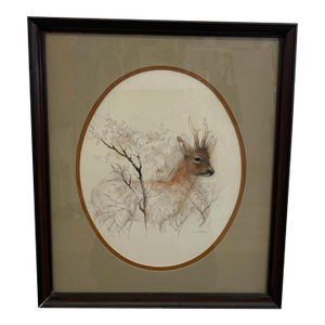 Vintage Original Wood Framed and Signed Deer and Tree Artwork.
