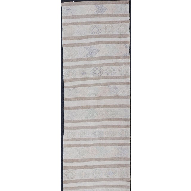 Tribal Vintage Turkish Kilim Runner in Soft Gray and Beige Striped Design 2'0 X 13'3 For Sale - Image 3 of 12
