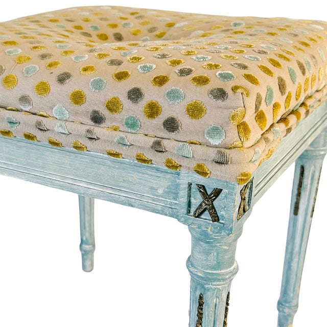 Mid 20th Century French Louis XVI Style Blue Painted Footstools With Brass Accents & Polka Dot Cut Velvet - A Pair For Sale - Image 10 of 18