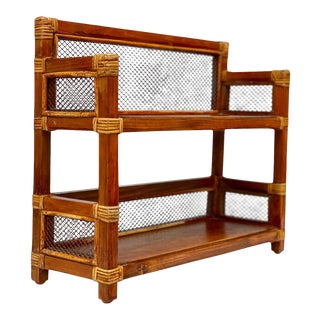 Vintage Boho Rattan Pine Wall Hanging Plant Shelf For Sale