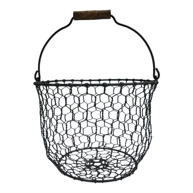 Early 20th Century Large Wire Harvest Basket With Wooden Grip For Sale