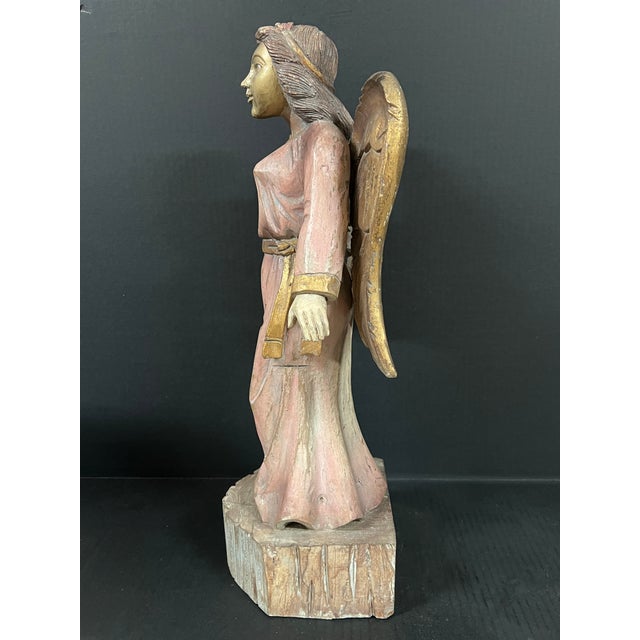 Wood Vintage Hand Carved Wooden Stnading Angel Playing Lyre Instrument Sculpture For Sale - Image 7 of 8