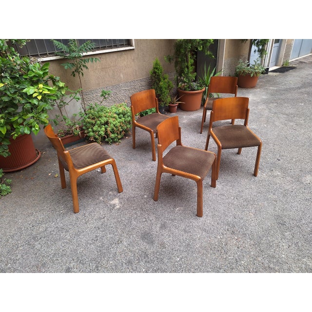 1960s Vintage Chairs in Light Wood and Fabric Seat with Curved Backrest, 1960s, Set of 5 For Sale - Image 5 of 12