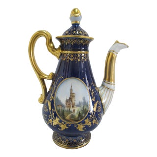 19th Art Nouveau Century Hans Heiling Karlsbad Gilt Hand Painted Castle Landscape Porcelain Coffee Pot For Sale