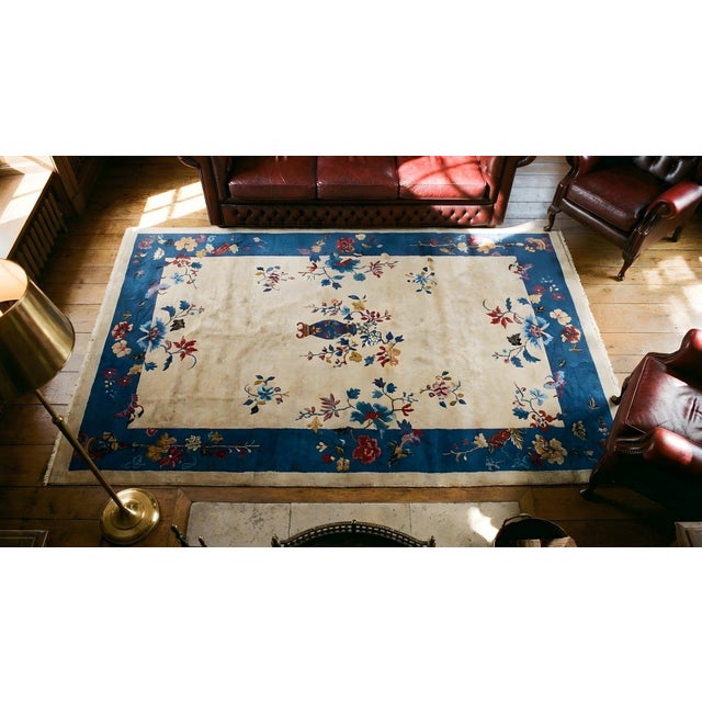 1920s Tan Sand Floral Vase Antique Chinese Art Deco Carpet 5' X 7'10" Handwoven Wool Rug For Sale - Image 10 of 11