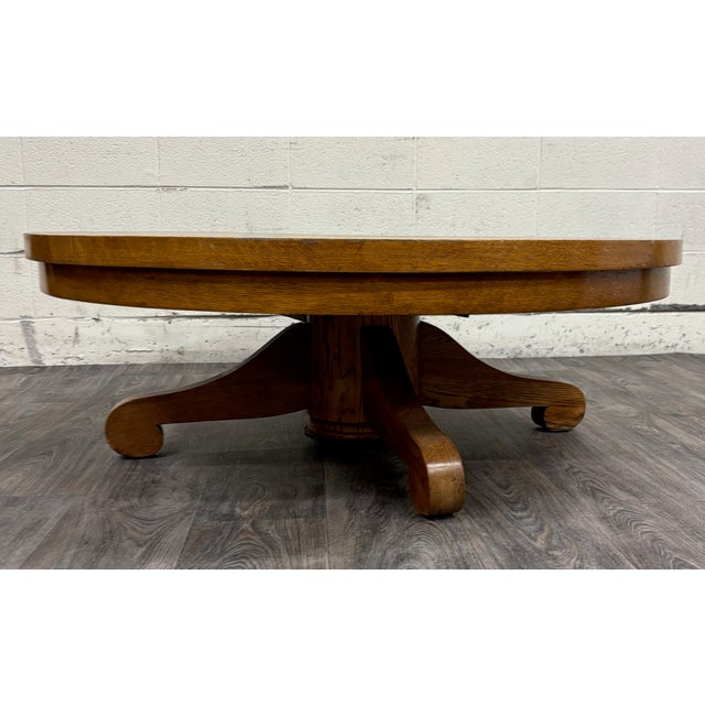 Antique Victorian Tiger Oak Scroll Foot Pedestal Coffee Table Cocktail Table For Sale - Image 9 of 12