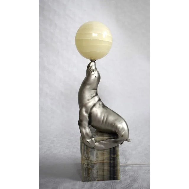 Gray French Art Deco Sea Lion Table Lamp with Alabaster Ball, 1920s For Sale - Image 8 of 8