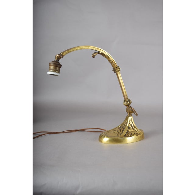 Art Nouveau Brass Desk Lamp with Adjustable Gooseneck, Fluted Glass Shade and Floral Relief Base, Europe, 1920s For Sale - Image 6 of 10