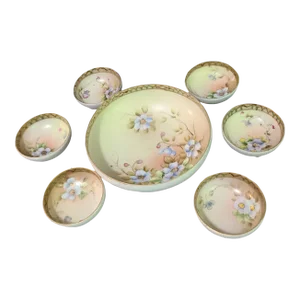 Vintage Nippon Hand-Painted Apple Blossom Motif Footed Nut Bowls Set- 7 Pieces