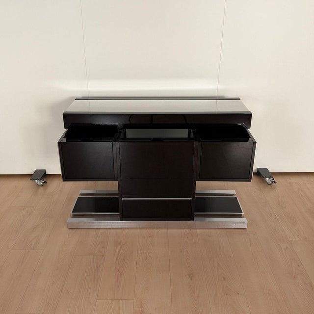 Black Convertible Bar and Stools in Black Lacquer, Chrome & Leather, Italy, 1970s, Set of 3 For Sale - Image 8 of 18