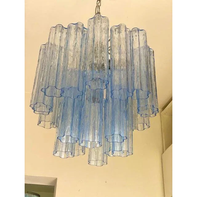 Chandelier Murano Glass Tronchi Like Venini Style in blue Color Chromed Metal frame Diameter 50 cm = 19,7” Height 40 cm =...