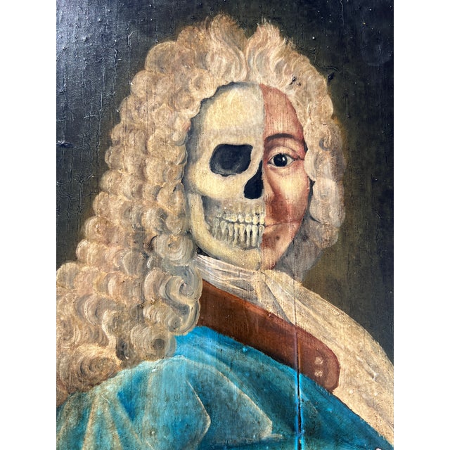 Memento Mori Baroque Style Oil on Wood Panel Portrait Painting a French Nobleman With Dual Faced Man For Sale - Image 12 of 12