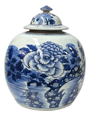 Oriental Blue White Big Flower Porcelain Large Ginger Jar