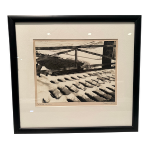 Vintage Black and White Photograph of a Snow Covered Bridge