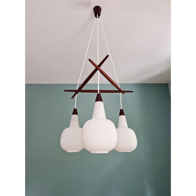 Scandinavian Chandelier in Teak and White Opaline Glass, 1960s For Sale - Image 14 of 18