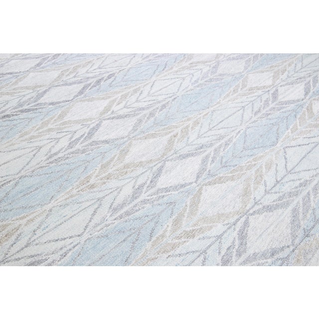 Modern Swedish Style Handmade Geometric Designed Blue Wool Rug For Sale - Image 10 of 11