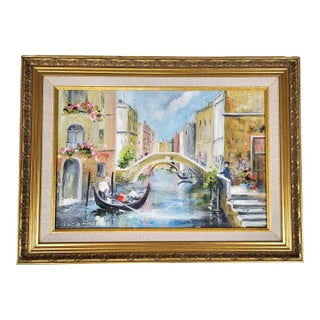 Vintage 20th C Framed Impressionistic Venetian Canal Scene Oil Painting For Sale