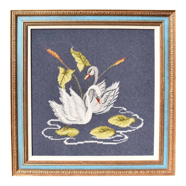 Blue Hand Stitched Embroidered Swan Wall Hanging, Framed For Sale