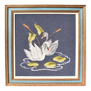 Blue Hand Stitched Embroidered Swan Wall Hanging, Framed