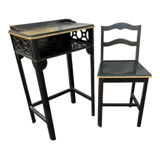 Early 20th Century Black Lacquered Telephone Table With Matching Chair - Set of 2 For Sale