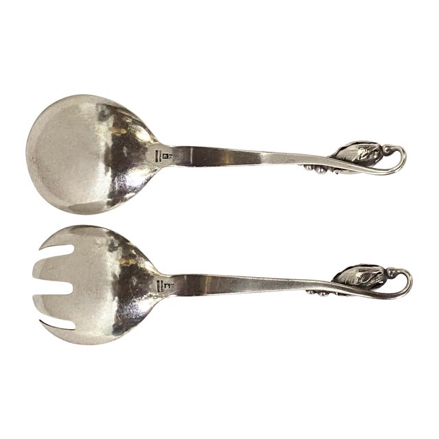 Art Nouveau Vintage Georg Jensen Blossom Sterling Silver Serving Fork and Spoon Set, 1930's For Sale - Image 3 of 7