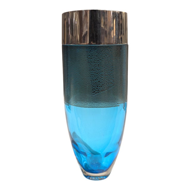 Nambe Vase Contemporary Turquoise Glass Vessel With Etched Band and Metal Rim For Sale