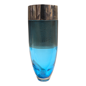 Nambe Vase Contemporary Turquoise Glass Vessel With Etched Band and Metal Rim