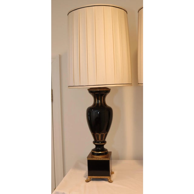 Mid 20th Century Vintage Mid 20th Century Black and Gold Ceramic Table Lamps With Shades - a Pair For Sale - Image 5 of 12
