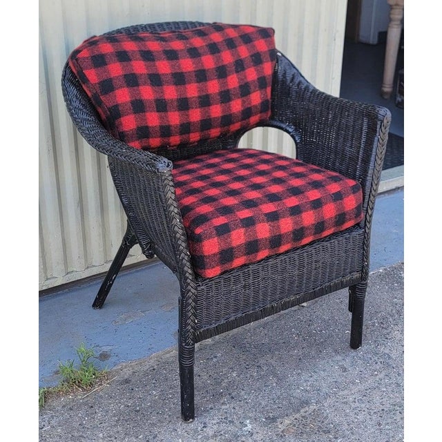 Bar Harbor black painted wicker chair w/ custom made Pendleton blanket cushions seat & back cushions are removable if need...