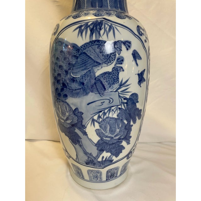 Asian Tall Blue and White Urn With Pheasant Mother and Baby For Sale - Image 3 of 6