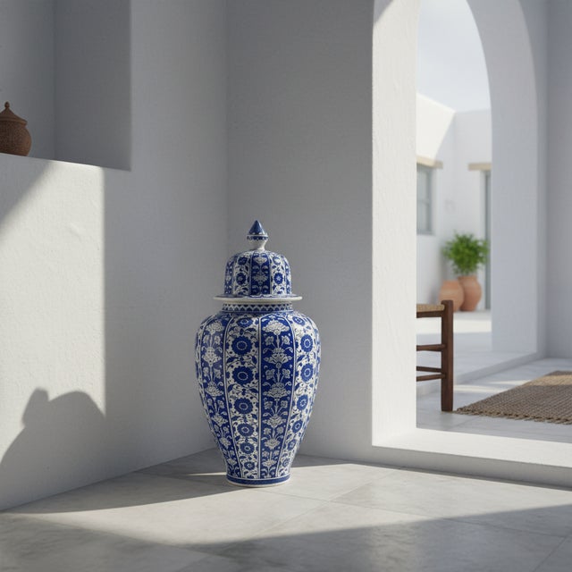 2020s Handmade Ceramic Grand Shah Jar (60cm) Baba Nakkas Style Rumi & Hatayi Blue White Floor Vase For Sale - Image 5 of 7