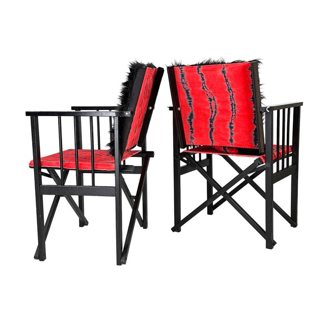 Wood Vintage 1980s Pair of (2) Danish Folding Armchairs / Directors Chairs Set by Hyllinge Møbler - Red Flame Velvet & Black Faux Fur Upholstery For Sale - Image 7 of 18