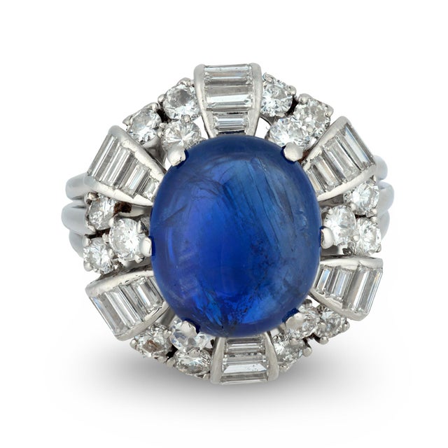 Contemporary 1950s Mid-Century Gia 7.41 Carat Burma No Heat Sapphire Diamond Platinum Cluster Ring, Size 6.75 For Sale - Image 3 of 7