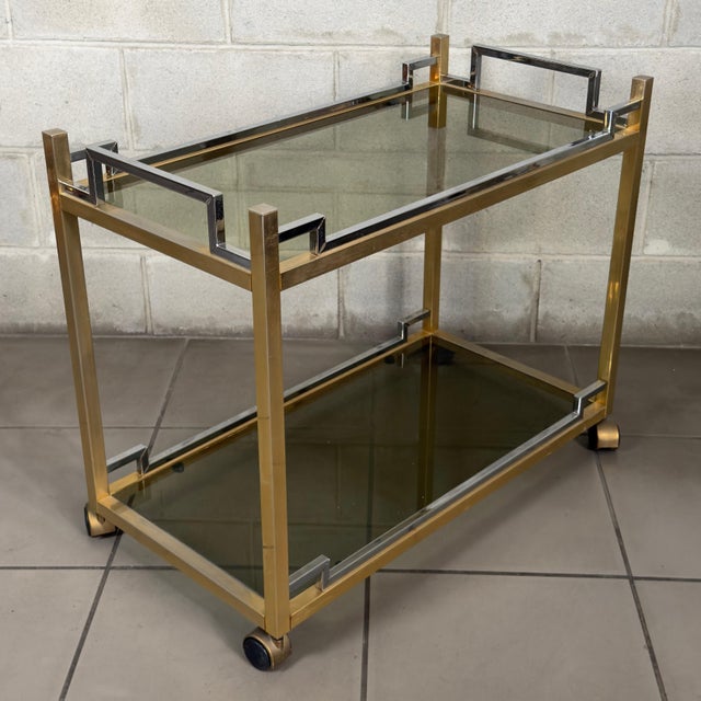 Modern Bar Cart in Gold and Chrome Metal with Smoked Glass, 1970s For Sale - Image 9 of 9