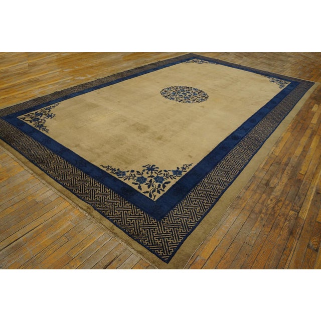 Chinese 1900s Beige Field Open Field Medallion Classic Deco Antique Chinese Peking Rug For Sale - Image 3 of 12