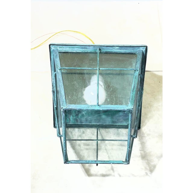 Turquoise Vintage-Style Hand-Painted Verdigris Metal Hanging Pendant Lantern - 19”x10x10 For Sale - Image 8 of 11