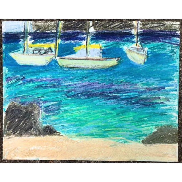 Pastel harbor scene with sailboats, probably from the British Virgin Islands (based on similar works from the same...