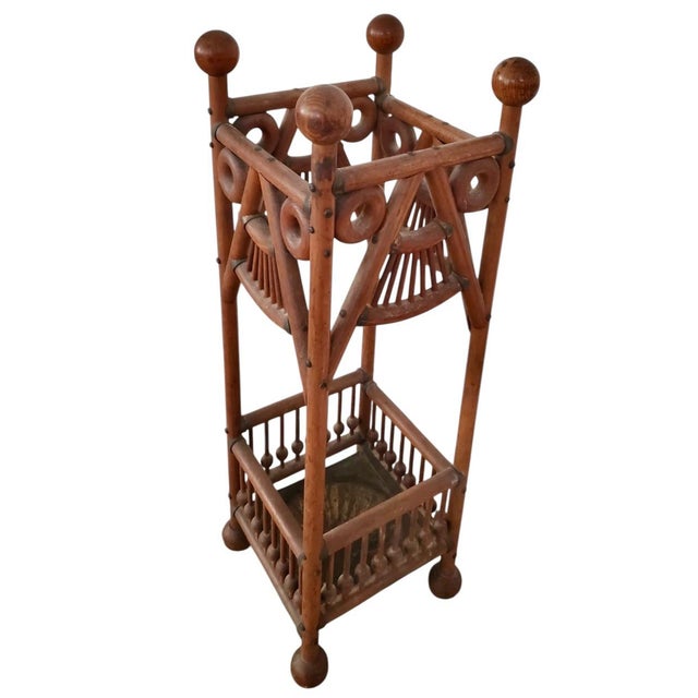 Antique Victorian Oak Stick & Ball Umbrella & Cane Stand With Original Brass Drip Tray For Sale - Image 12 of 12