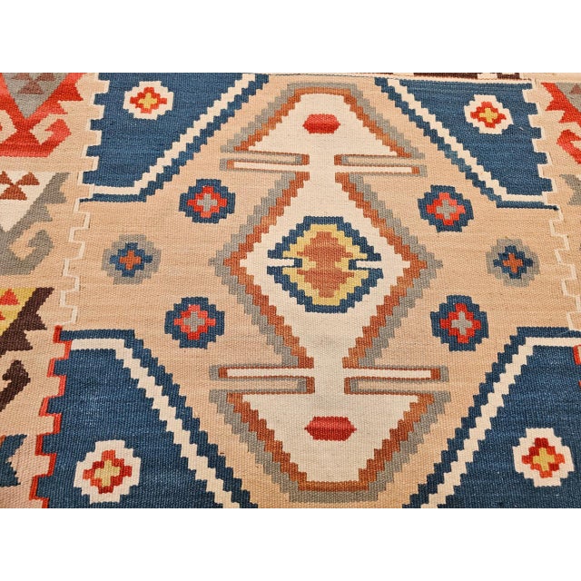 Vintage Turkish Tribal Kilim Runner, Handwoven Wool, Geometric Caucasian Pattern, Blue & Red, 3x8 For Sale - Image 14 of 17