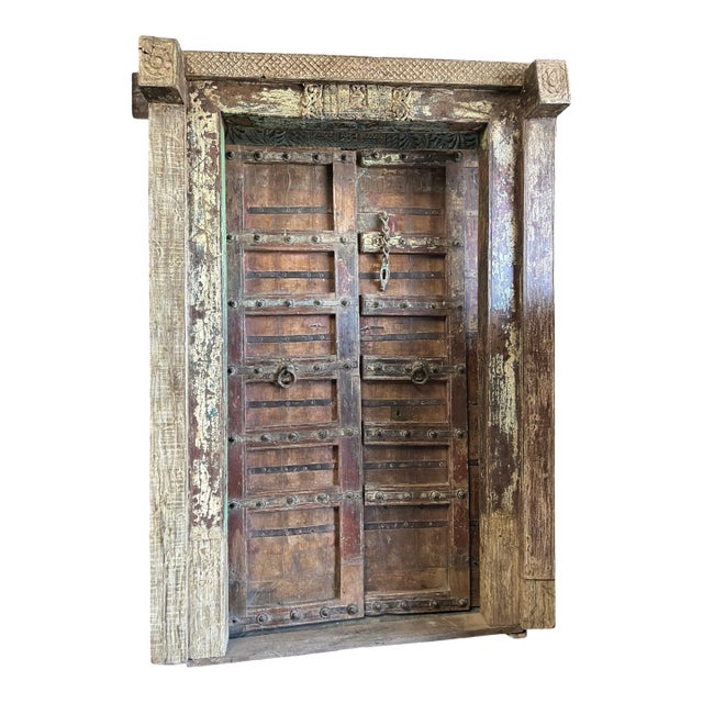 Antique Indian Door With Frame | Rustic Farmhouse Entryway Door in Reclaimed Wood For Sale