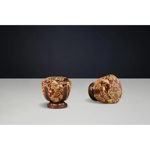 Vintage Italian Art Deco Walnut and Velvet Poufs, 1930s, Set of 4 For Sale - Image 10 of 18