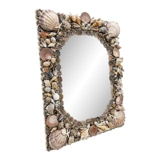 Vintage Handcrafted Coastal Seashell & Starfish Wall Mirror For Sale
