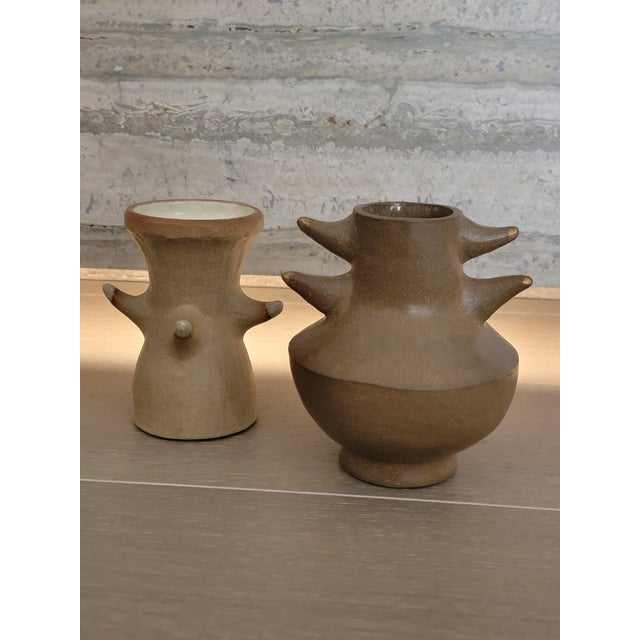 Contemporary Carol Pilecki Sculptural Ceramic Hand-Built Horned Vases - A Pair For Sale - Image 3 of 13