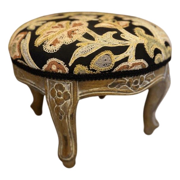 Vintage Hand Needlepoint Embroidery Bird & Flowers Design Footstool For Sale