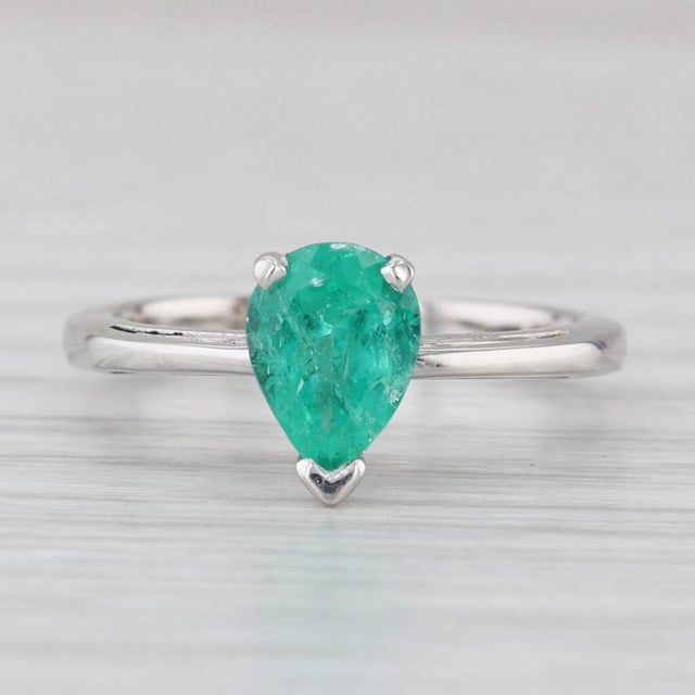 Green 0.65ct Emerald Pear Solitaire Ring 14k White Gold Size 5 Engagement For Sale - Image 8 of 8