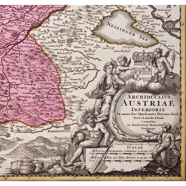 "Archiducatus Austriae inferioris" is a hand colored map of Austria created by Johann Baptist Homann (1663-1724) and...