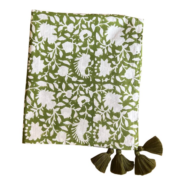 Block Printed Cotton Olive Green Table Runner Secret Garden | Lizzet Frausto For Sale - Image 6 of 6
