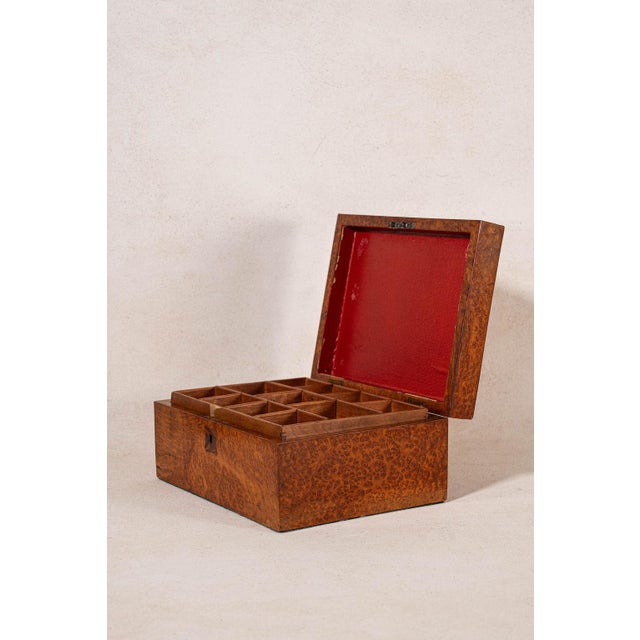 Late 19th Century Antique English Burl Walnut Box With Red Painted Interior For Sale - Image 5 of 10