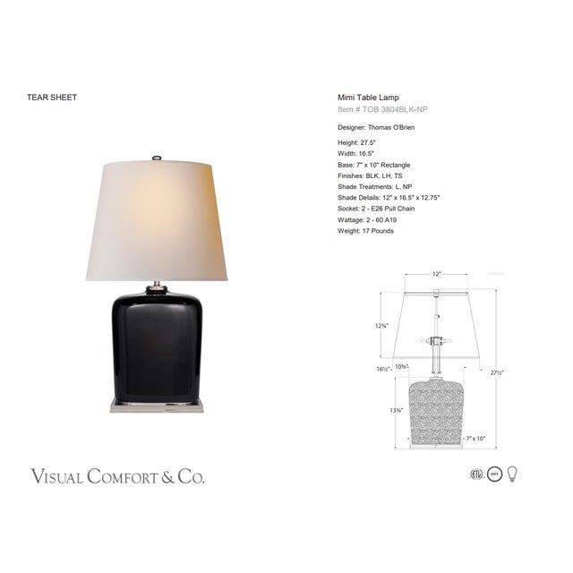 Thomas O'Brien by Visual Comfort Signature Mimi Table Lamp in Black with Natural Paper Shade Designer: Thomas O'Brien...